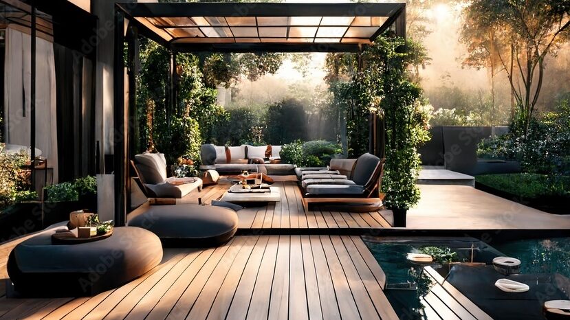 Luxury Living Outdoor Space Interior design of a lavish side outside garden at morning. Generative AI. Digital Art Illustration Stock Illustration | Adobe Stock